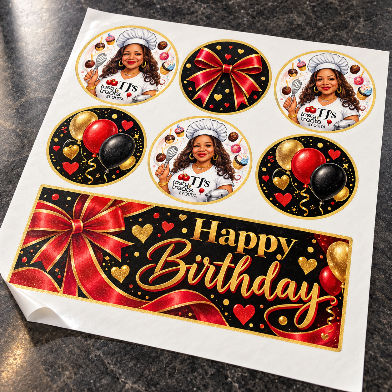 Illustrative sample edible image sheet featuring Quita’s baker artwork and red, black and gold birthday designs