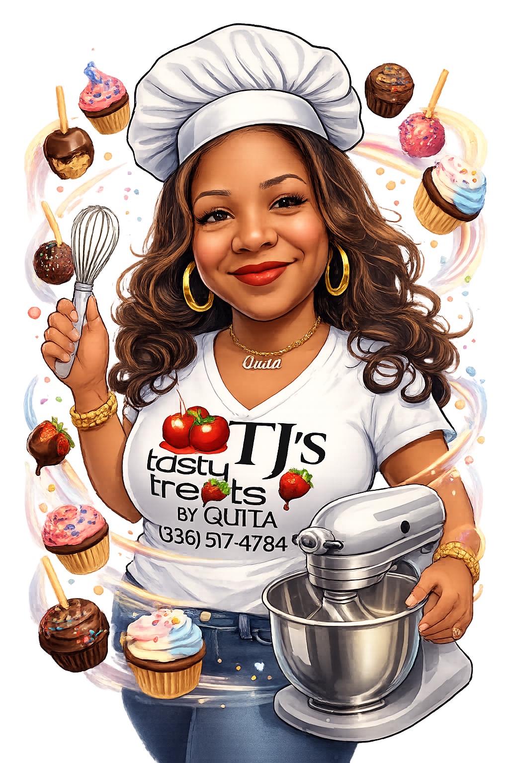 Cartoon Quita wearing a chef’s hat, surrounded by cupcakes and treats, with TJ’s Tasty Treats by Quita branding